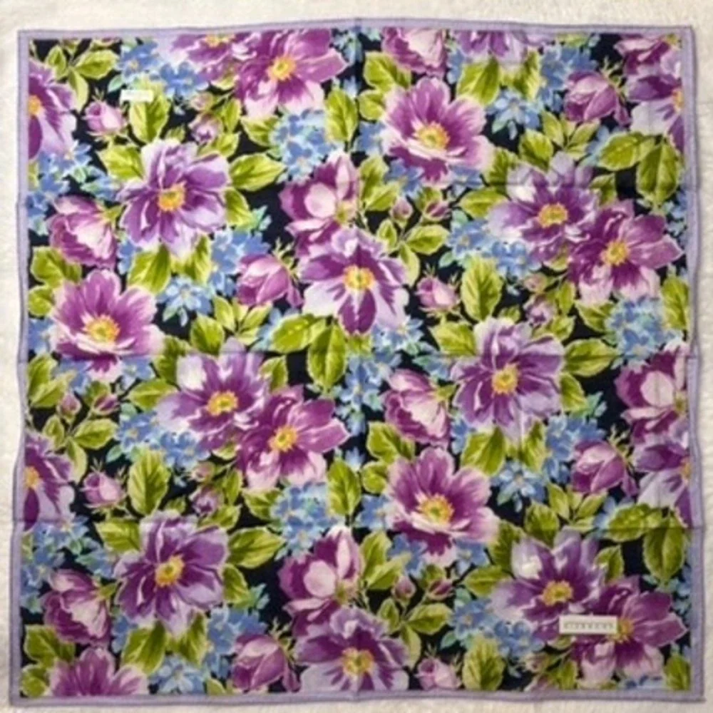 Vtg GIVENCHY Scarf Handkerchief Floral Cotton Purple Blue 18.5